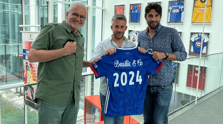 Photo de Philippe Bana (Président de la FFHandball), Laurent Bassi (fondateur de Basilic & Co) et Bertrand Gille (Vice-Président de la FFHandball, en charge des sujets marketing)