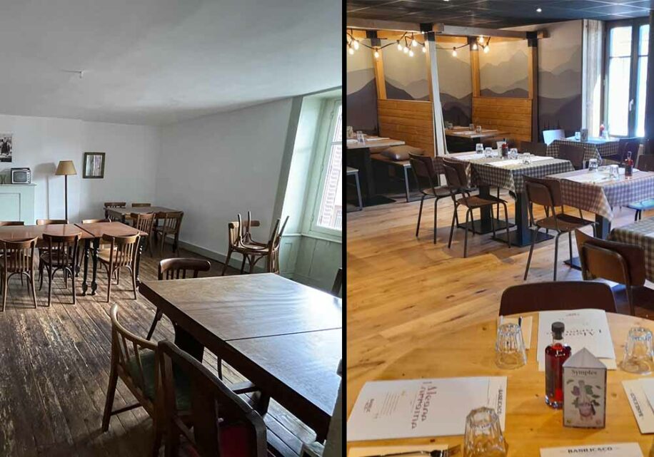 A gauche photo du Bistrot avant travaux et à droite photo du restaurant Basilic & Co chantepie après travaux. A gauche le mur est blanc avec des tables et chaises de bistrot, à droite tout a été refait avec des nappes motif vichy, des cahutes en bois massif